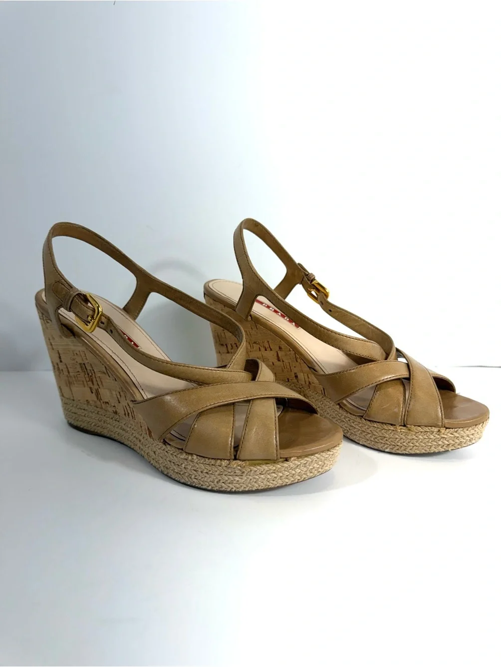 Prada Leather Cork Espadrille Wedge Sandals EU 39 US 9 Tan Slingback Italy